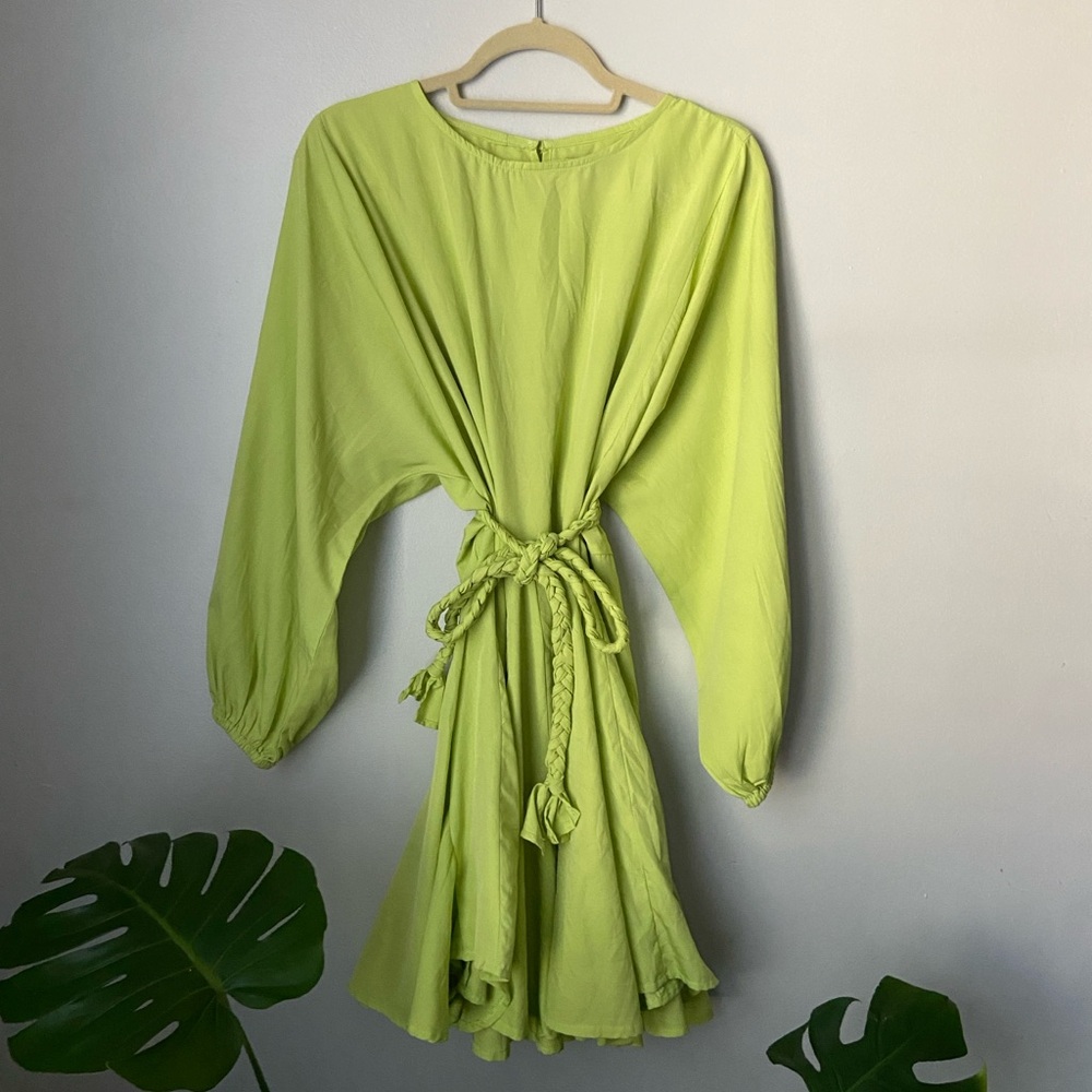 Bright Green Boohoo Belted Skater Dress